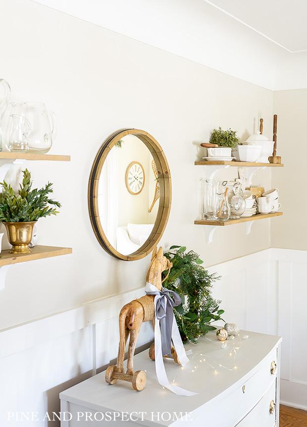 Cottage style neutral Christmas shelves
