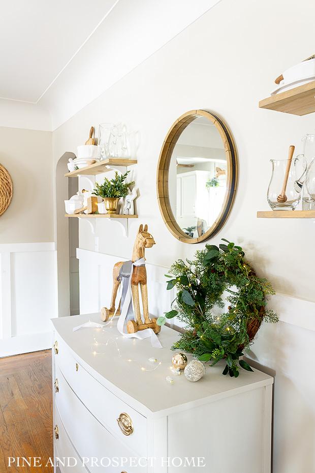 My newly painted gray buffet dresser with brass handles is all decorated for Christmas!