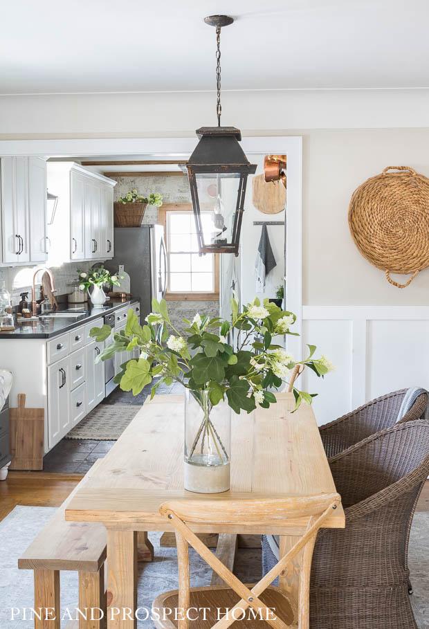 Looking in to our cottage style kitchen with our newly finished stone accent wall!