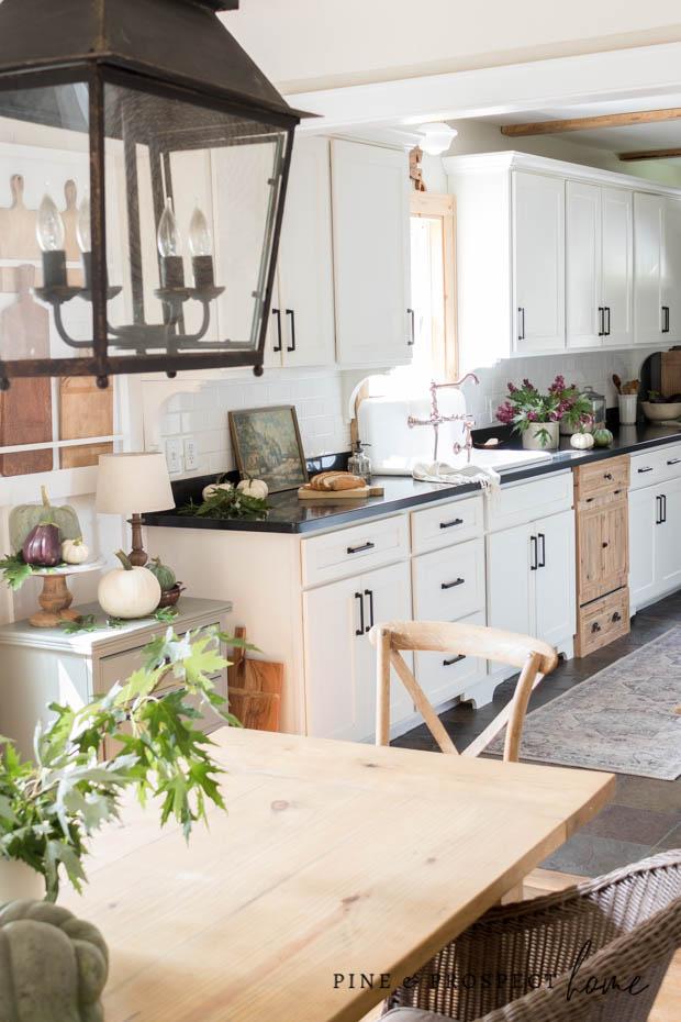 Our simple fall kitchen with touches of copper, eggplant and leaves