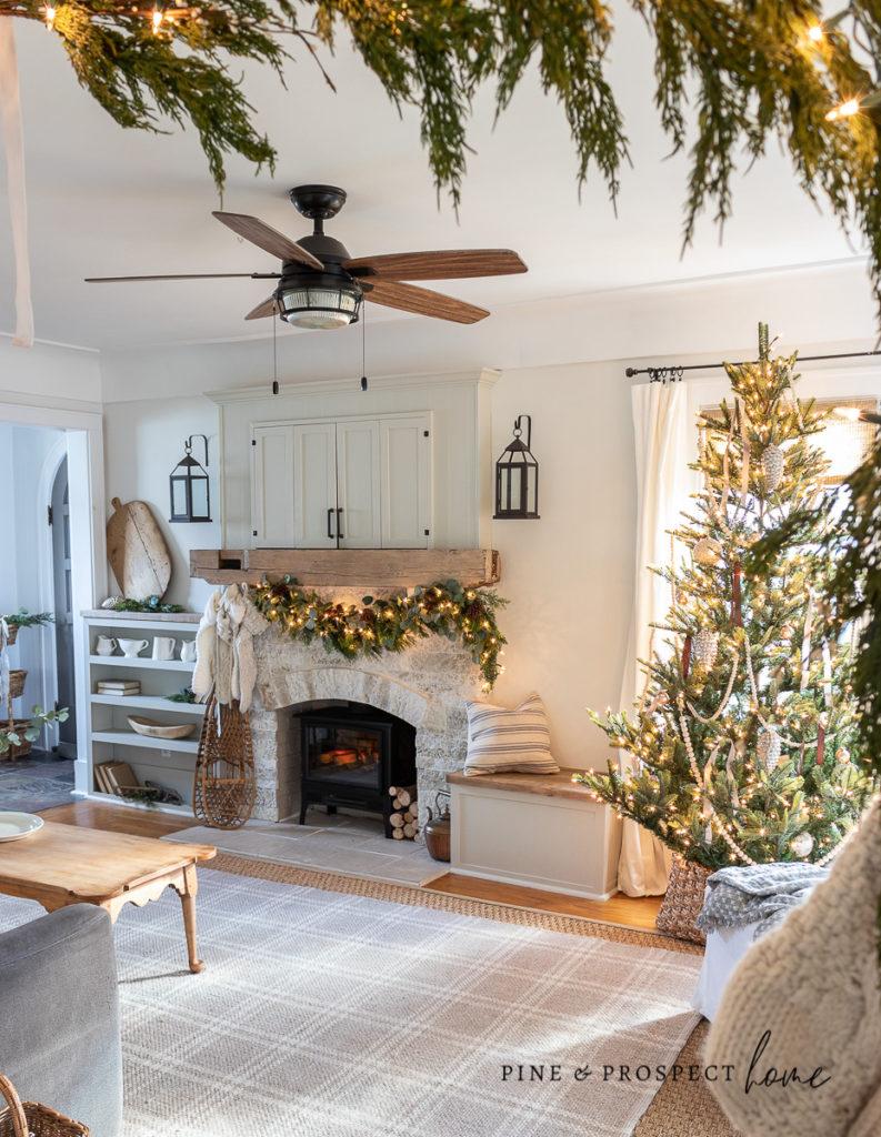 Simple holiday accents on shelves and tables.