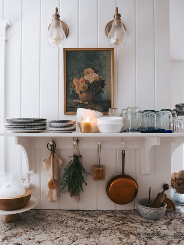 Hanging kitchen cottage decor displayed on shelves