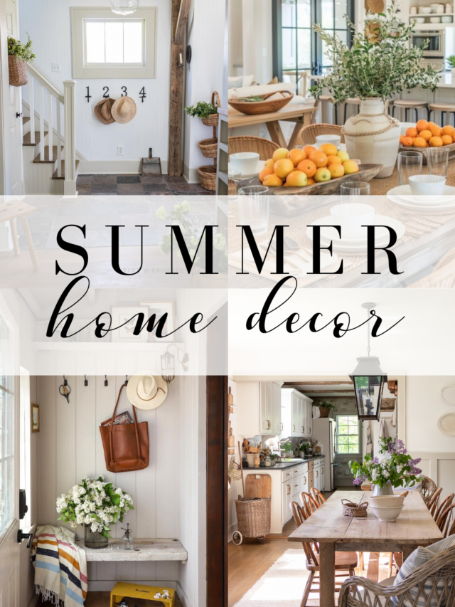 summer, summer decor, summer decor ideas, summer decor inspiration, summertime, summery, living room, entryway, kitchen, dining room, sun hat, flowers, fresh flowers, blooms, stems, yard, garden, outdoors, outside, basket, baskets, linen, cotton, throw pillows, throw blanket, white, cream, candles, clean candles, wicker, house plants, chairs, tea towel, fresh fruit, bowls, bowl, bright, simple, airy, light, sunshine, pool, patio, hammock, pea gravel patio, beautiful, home decor, beautiful home decor, cottage style, cottage style home, cottage style home decor, season, seasonal, seasonal decor