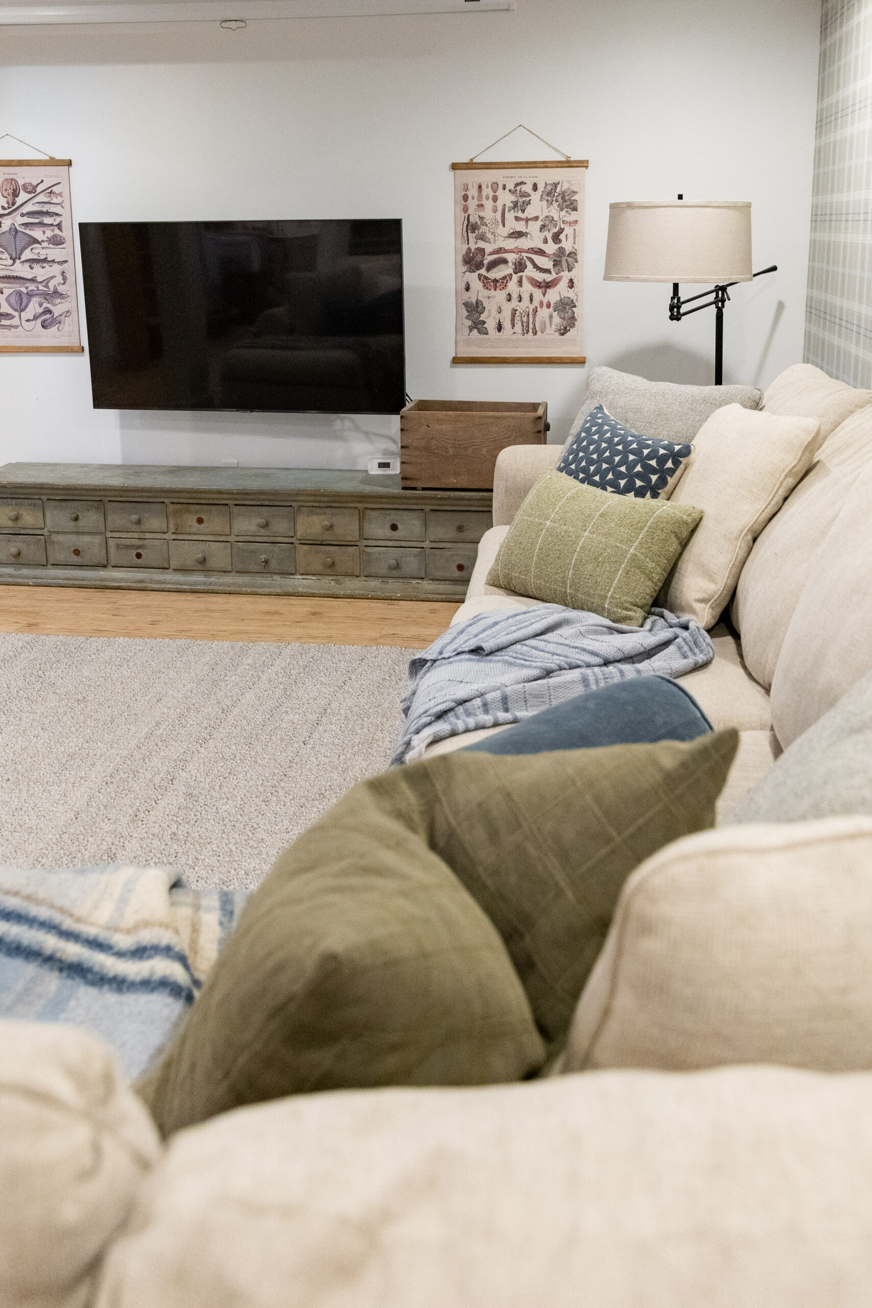Basement sectional sofa with throw pillows