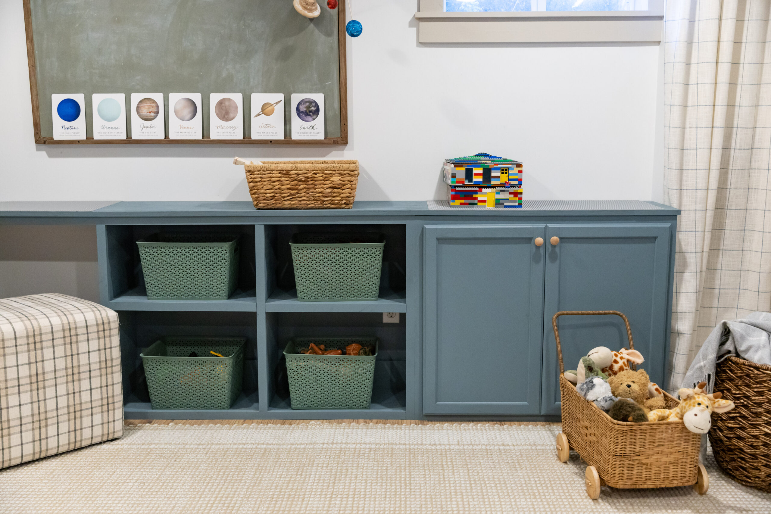 Built in shelves with a pop of color 
