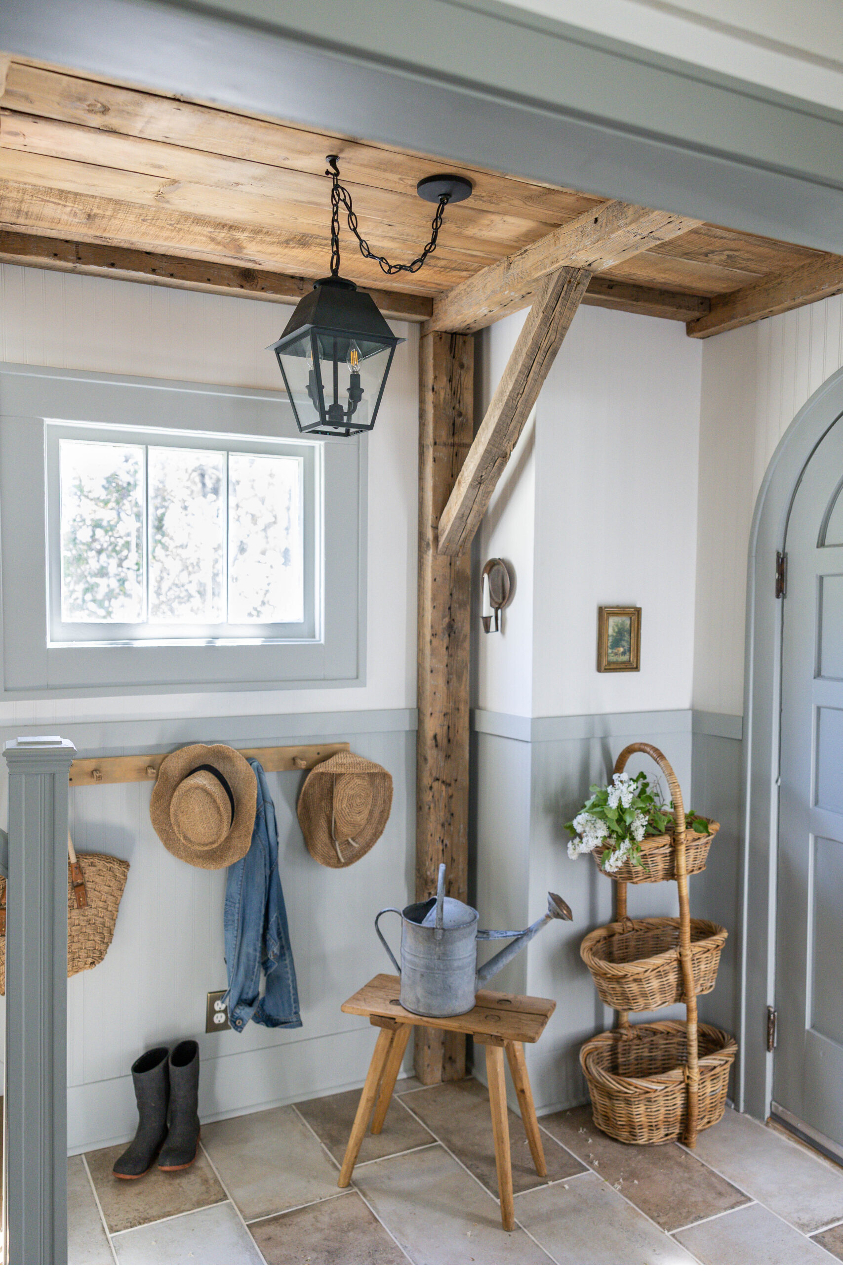 Wood beam entryway ceiling